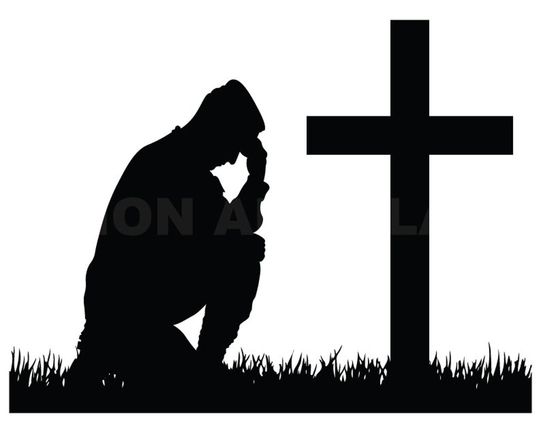 Soldier Kneeling Praying at Memorial Cross Svg Clipart Image, Cricut
