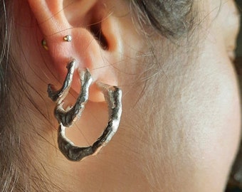 Reticulated Hoop Earrings/ Melted Metal/ Decrescent Hoop Set/ Organic Shapes/ Natural Jewellery/Eco-friendly Jewelry