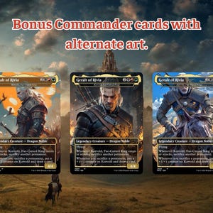 Könnte beinhalten: Drei Magic: The Gathering Sammelkarten mit Geralt von Riva und alternativen Illustrationen. Jede Karte zeigt den Text 'Geralt of Rivia', 'Legendary Creature - Dragon Noble' und Spielregeln. Der Text 'Bonus Commander cards with alternate art' steht darüber.