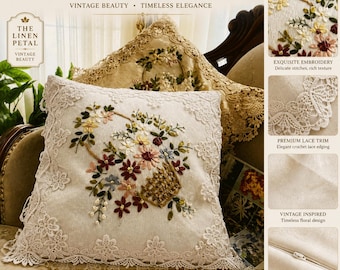 Venice Lace Pillow Cover: Floral Ribbon Embroidery, 16" White Beige Cushion
