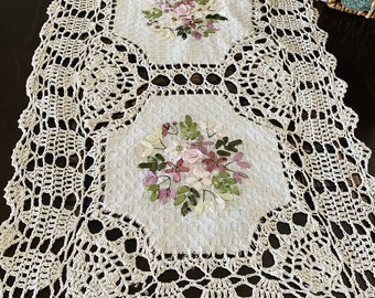 AMT Beautiful 100% Cotton Handmade Crochet Lace with Embroidered Floral Ribbon Decorative Table Runner/Dresser Scarf - Beige