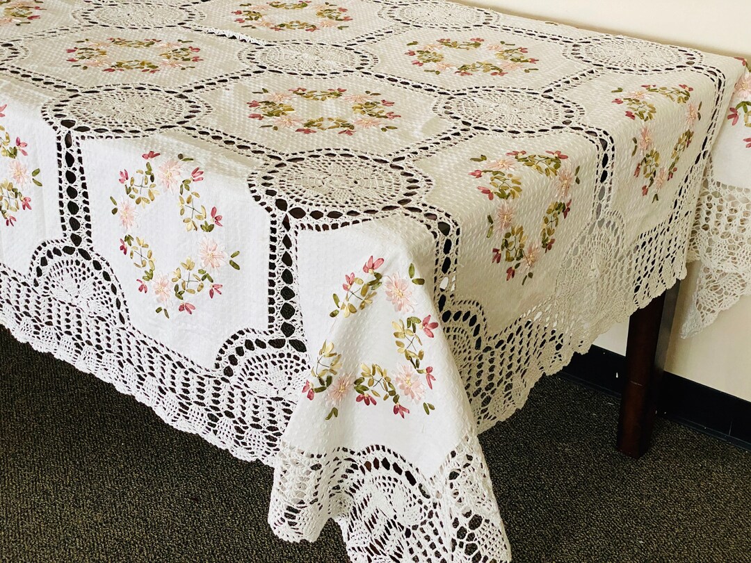 Handmade Crochet Cotton Tablecloth: Ribbon Embroidery, Vintage Wedding ...