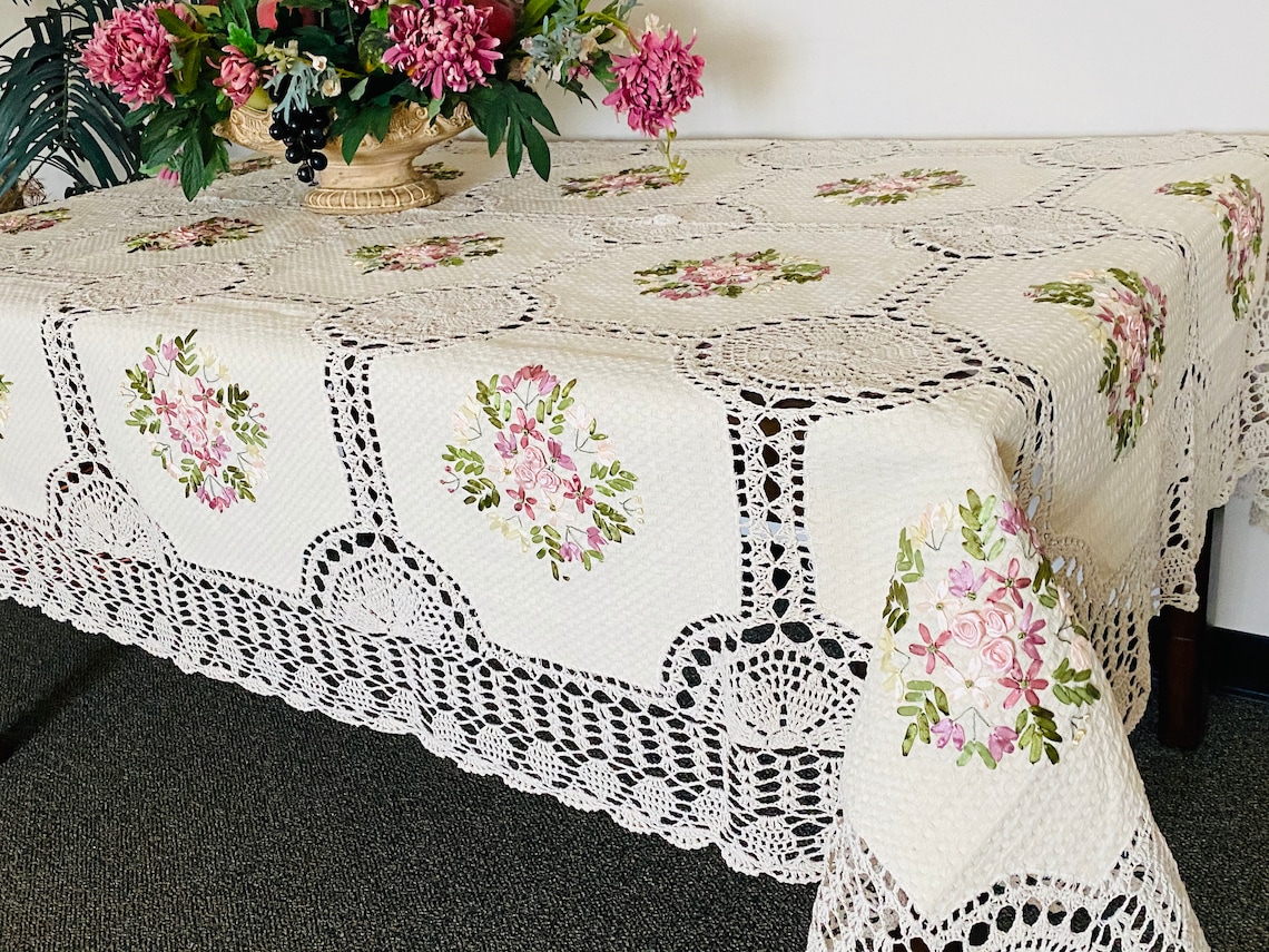 Handmade Cotton Crochet Tablecloth Featuring Attractive Floral Etsy