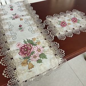 Vintage Venice Lace Table Runner: Pink Floral Cross Stitch Embroidered Linen