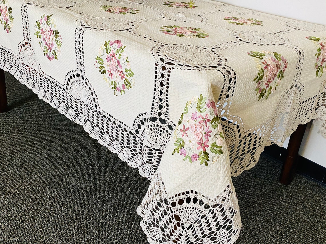 Handmade Cotton Crochet Tablecloth Featuring Attractive Floral Etsy