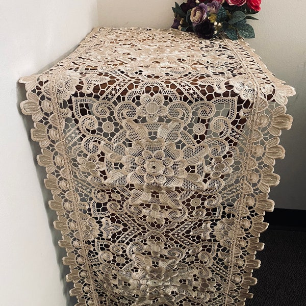 AMT Elegant Brand New European Style with Luxurious Vintage  Lace Embroidered Decorative Linen Table Runner/Dresser Scarf - Beige