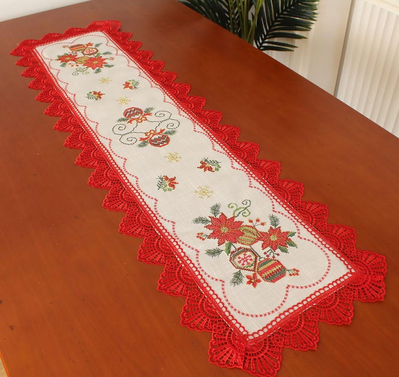 Luxurious Red Vintage Lace and Cross Stitch Embroidered