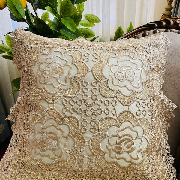 A&MT Floral Venise Dentelle Décorative Jeter Oreiller / Coussin Housse: 16 « x 16 » Blanc / Beige