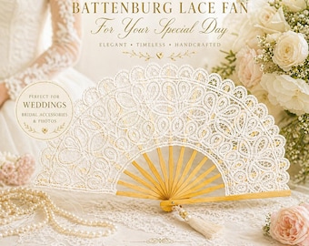 May include: A handmade Battenburg lace fan with a gold-colored wooden frame and a white tassel. The fan is open, displaying intricate lace details. Text on the image reads "For Your Special Day" and "Perfect for Weddings".