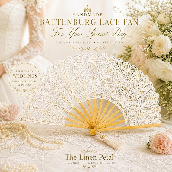 Handmade Cotton Battenburg Lace Hand Fan: White Wedding  display picture 1