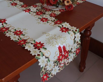Holiday Bells Red with Gold Embroidered Accents 34 X 15 Inches Long BANBERRY DESIGNS Christmas Table Runner Approx Candles and Poinsettia Design 