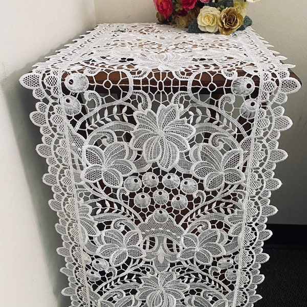 AMT Elegant Floral Vintage Venice Lace Embroidered Linen Table Runner, Dresser Scarf, Place Mat - White