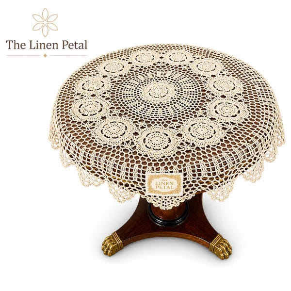 Handmade Crochet Cotton Table Topper: Beige Lace, 34" Square/Round