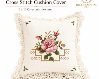 Vintage Venice Lace Pillow Cover: Pink Rose Cross Stitch Embroidery (16"x16")