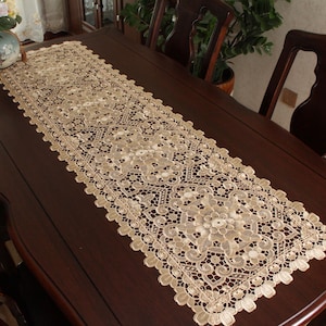 AMT Elegant Vintage Lace Floral Embroidered Linen Table Runner, Dresser Scarf, Place Mat - Beige