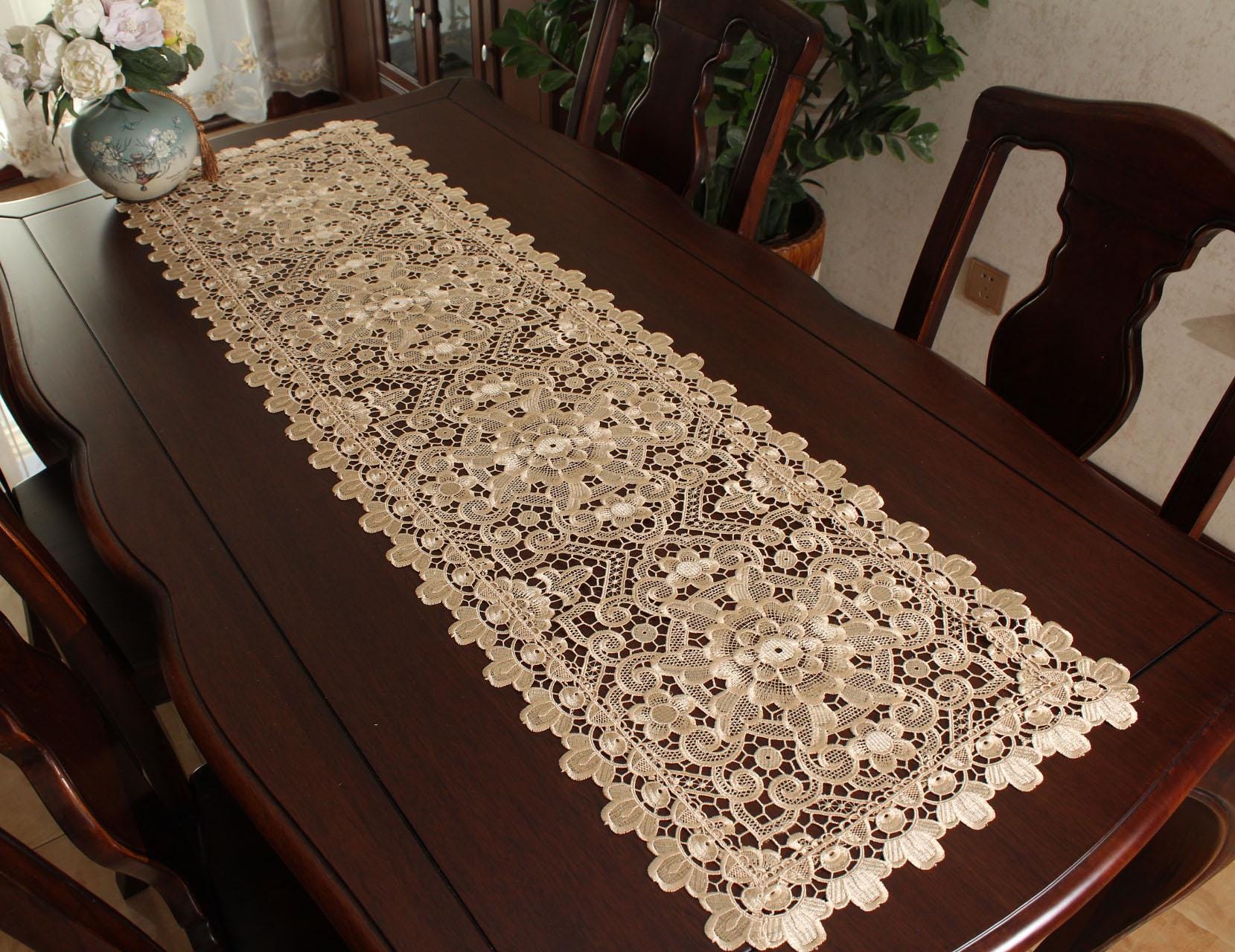 AMT Elegant Vintage Lace Floral Embroidered Linen Table Runner, Dresser Scarf, Place Mat - Beige