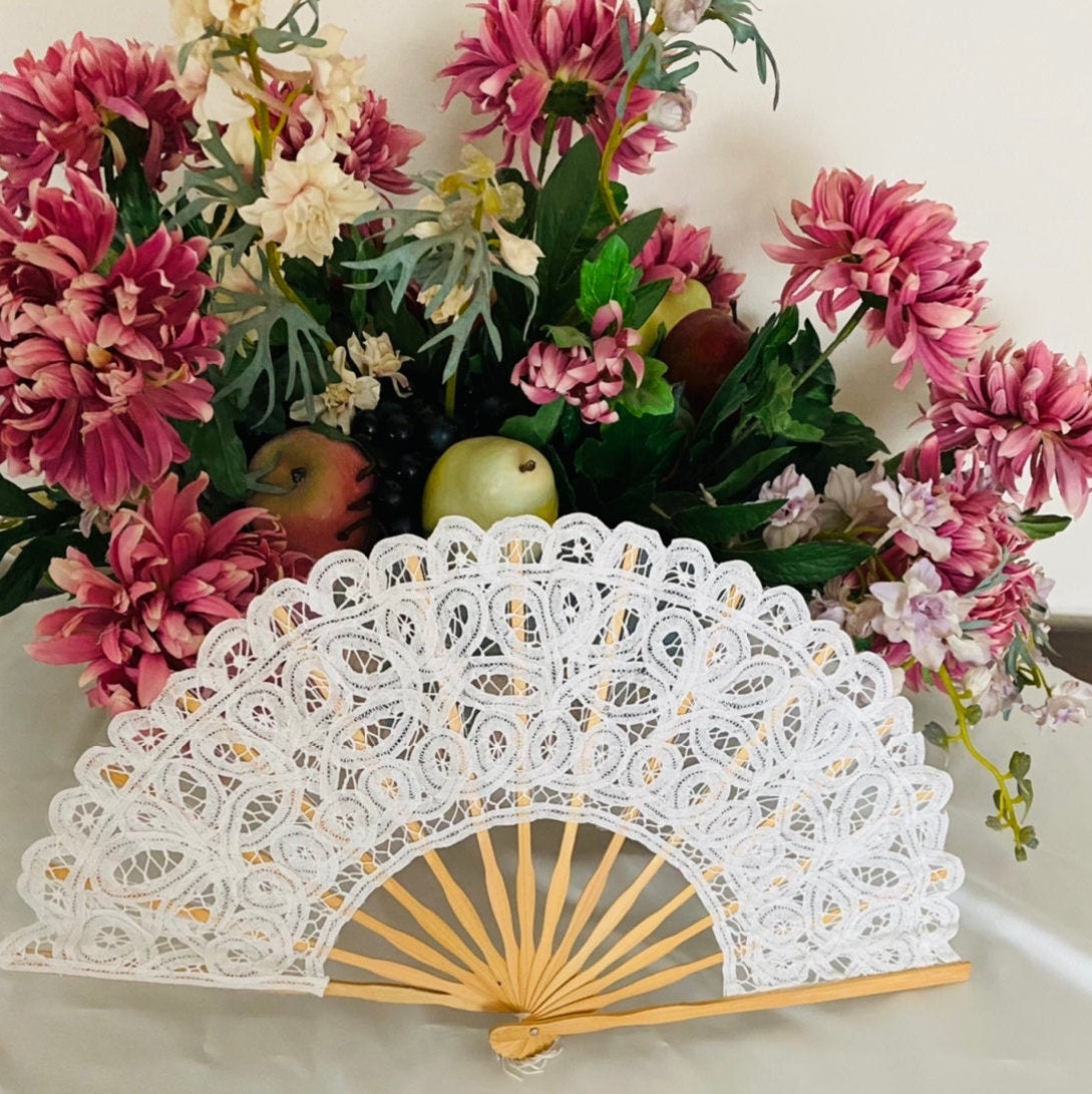 AMT Handmade Cotton Victorian Lace Hand Fan for Wedding Party Favor, Bridal Party Gift or Bridesmaid Gift - White