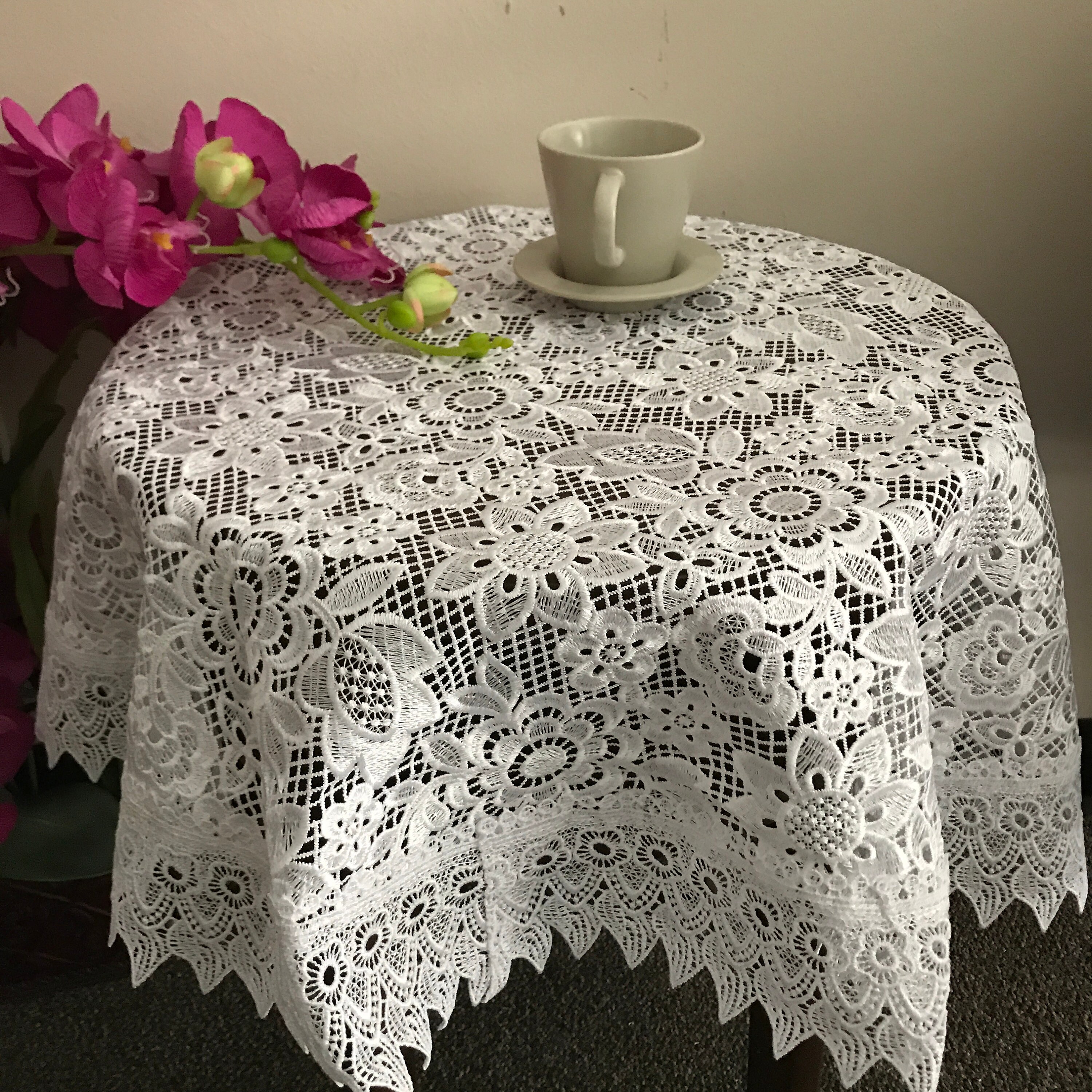 White Table Topper White Floral Lace Square Table Topper, Vintage European Wedding Decor ...