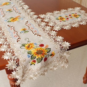 Vintage Lace Table Runner/Dresser Scarf,Cross Stitch with Embroidered Sunflowers, Elegant Decorative Accent for Dining & Home Décor,Beige