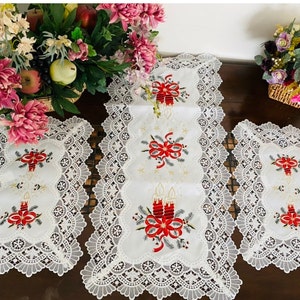 AMT Brand New Vintage Lace with Cross Stitch Embroidered Christmas Holiday Candle Bell Linen Table Runner/Dresser Scarf: White