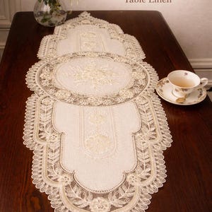 Vintage Ivory Table Runner: Macramé Lace, Floral Embroidery