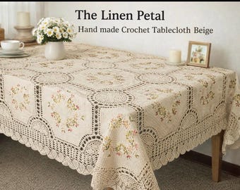 Handmade Crochet Cotton Tablecloth: Ribbon Embroidery, Vintage Wedding Decor.Beige