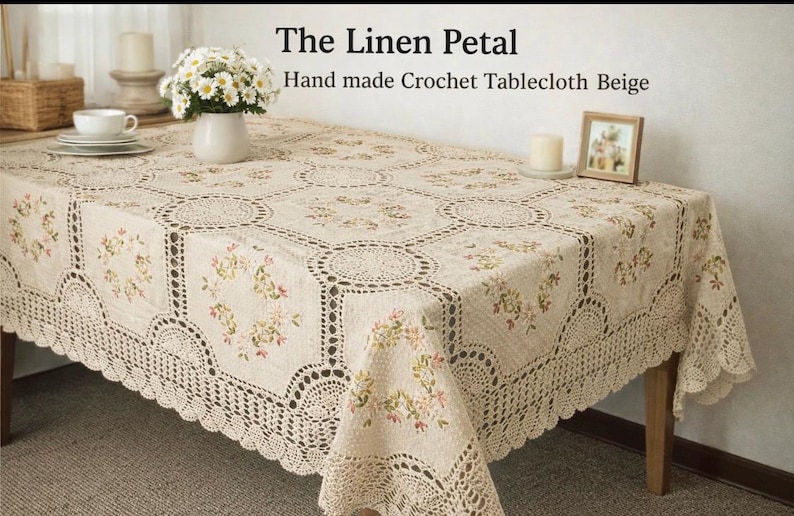 Handmade Crochet Cotton Tablecloth: Ribbon Embroidery, Vintage Wedding ...