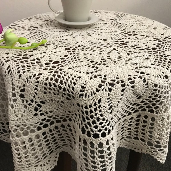 Handmade Cotton Crochet Table Topper - Beige/ White  (34" x 34" Square and Round)