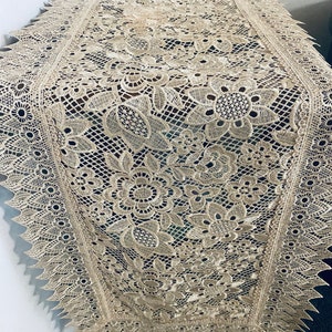 Vintage Lace Table Runner: Beige Embroidered Dresser Scarf