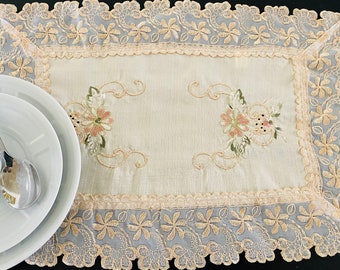 AMT Elegant Luxury Embroidered Lace Adopts Embroidery Linen Placemats; 12"x18" Ob -Beige