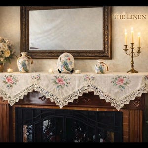 Vintage Rose Embroidery  Fireplace Floral Mantel Scarf , Elegant Home Decor. (19 x 90")
