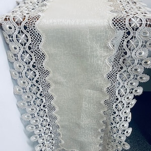 AMT Luxurious Floral Venice  Lace Linen Table Runner, Dresser Scarf, Place Mat, Beige