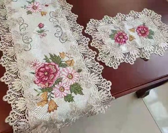 A&MT Vintage Venice Lace With Pink Floral Cross Stitch Embroidered Table Runner, Dresser Scarf, Place Mat, Table Topper - Beige