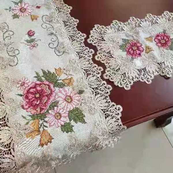 A&MT Vintage Venice Lace With Pink Floral Cross Stitch Embroidered Table Runner, Dresser Scarf, Place Mat, Table Topper - Beige