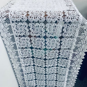 Vintage Venice Lace Table Runner: Floral Embroidered Linen Dresser Scarf