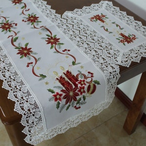 May include: White embroidered table runner and matching placemat. The runner and placemat feature a poinsettia and holly design with red, green, and gold accents. The edges are trimmed with a delicate white lace.