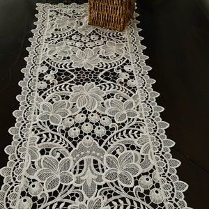 AMT Vintage Lace with Embroidered Grapes Linen Table Runner, Dresser Scarf, Place Mat - White