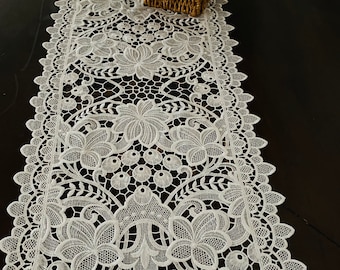 AMT Vintage Lace with Embroidered Grapes Linen Table Runner, Dresser Scarf, Place Mat - White