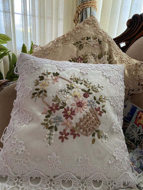 AMT Venice Lace With Floral Ribbon Embroidered Decorative Throw Pillow cushion Cover 16x16 White beige Etsy