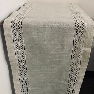 May include: A light beige table runner with a delicate lace trim. The lace trim is a repeating pattern of diamonds and circles.