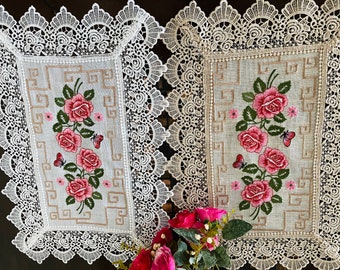 Venice Lace Linen Placemat: Floral Cross Stitch Embroidery, Beige/White