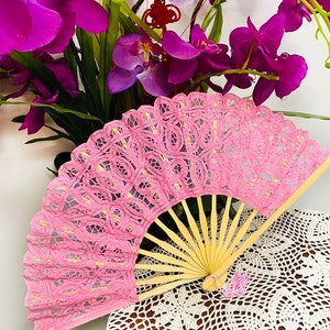 AMT Handmade Cotton Victorian Lace Hand Fan for Wedding Party Favor, Bridal Party Gift or Bridesmaid Gift - Pink