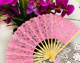 AMT Handmade Cotton Victorian Lace Hand Fan for Wedding Party Favor, Bridal Party Gift or Bridesmaid Gift - Pink