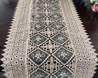 A&MT Gorgeous Venice Burano Lace Floral Embroidered Linen Table Runner- Beige : 16x52" OB.