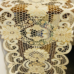 A&MT Elegant Golden Cutwork Floral Embroidered Linen Table Runner, Dresser Scarf, Place Mat - Beige