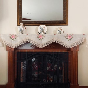 AMT Vintage Lace with Cross Stitch Rose Pink Floral Embroidered Linen Fireplace Mantel Scarf: 19 x 90 " - White/Beige
