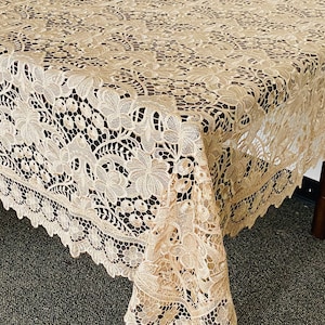 AMT Elegant Brand New European Royalty Style Tablecloths With Vintage Lace  and Luxurious Embroidery  - Beige/White