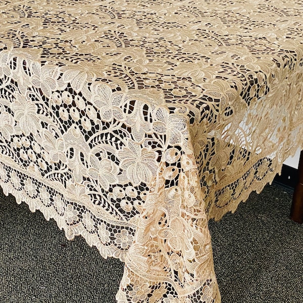 AMT Elegant Brand New European Royalty Style Tablecloths With Vintage Lace  and Luxurious Embroidery  - Beige/White