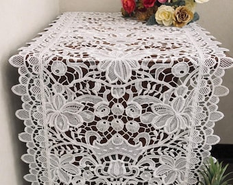 Vintage Lace Table Runner, Elegant Embroidered European Style Table Decor, White-THE LINEN PETAL