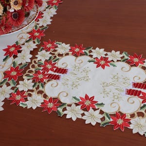 A&MT Christmas Holiday Candle Bell, Poinsettia Embroidered Placemats: 12x18&quot; Rectangular, Set of 4 Pcs- Beige